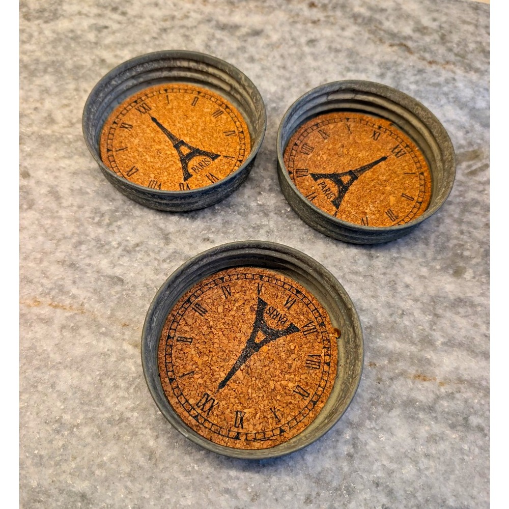 Set of 3 Paris Eiffel Tower Cork Coasters Vintage Style Mason Jar Lids